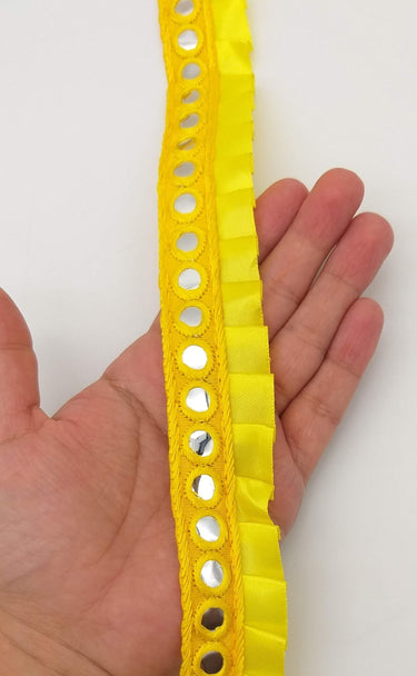 Yellow Satin Pleated Lace Trim, Mirrored Fringe Trimming, Approx. 30mm wide